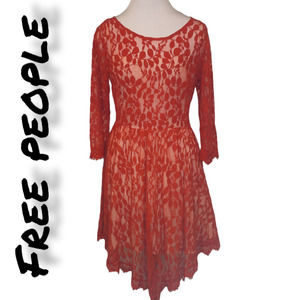 Free People Women Red Floral Lace Round Neck Long Sleeve Fit & Flare Dress Sz 8